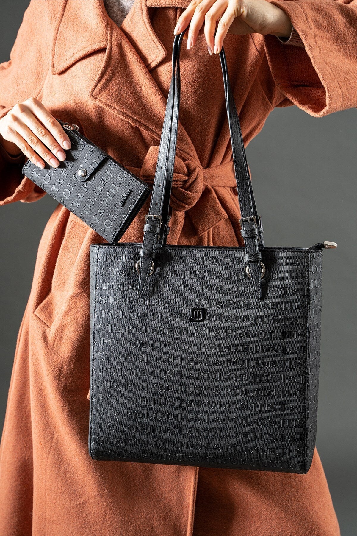 Siyah Just Polo Kadın Yeni Sezon 3 Bölmeli El ve Omuz Çantası ve Cüzdan Kombini TR7064 - Kurtuluş Çanta