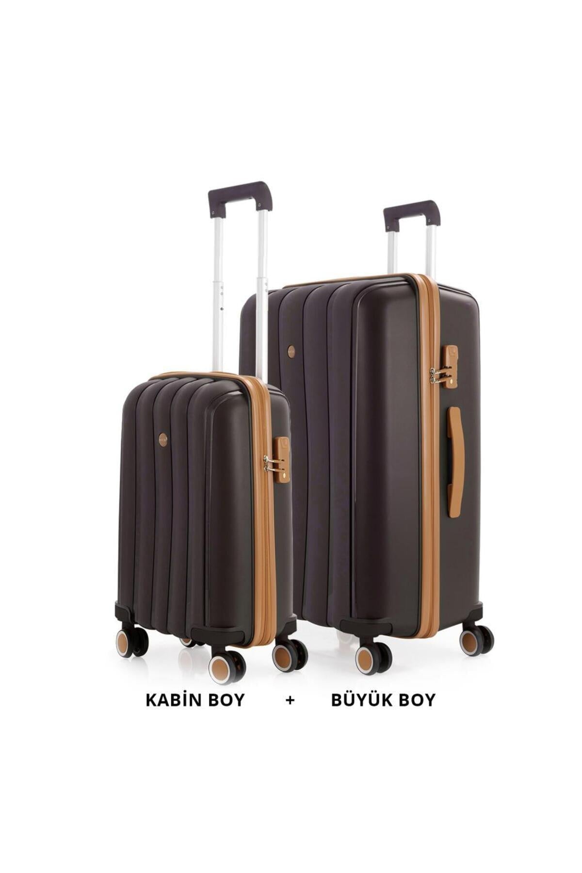 Bavul Büyük ve Kabin 2li Set Silikon Valiz V305 Kahve/Şamp - Kurtuluş Çanta