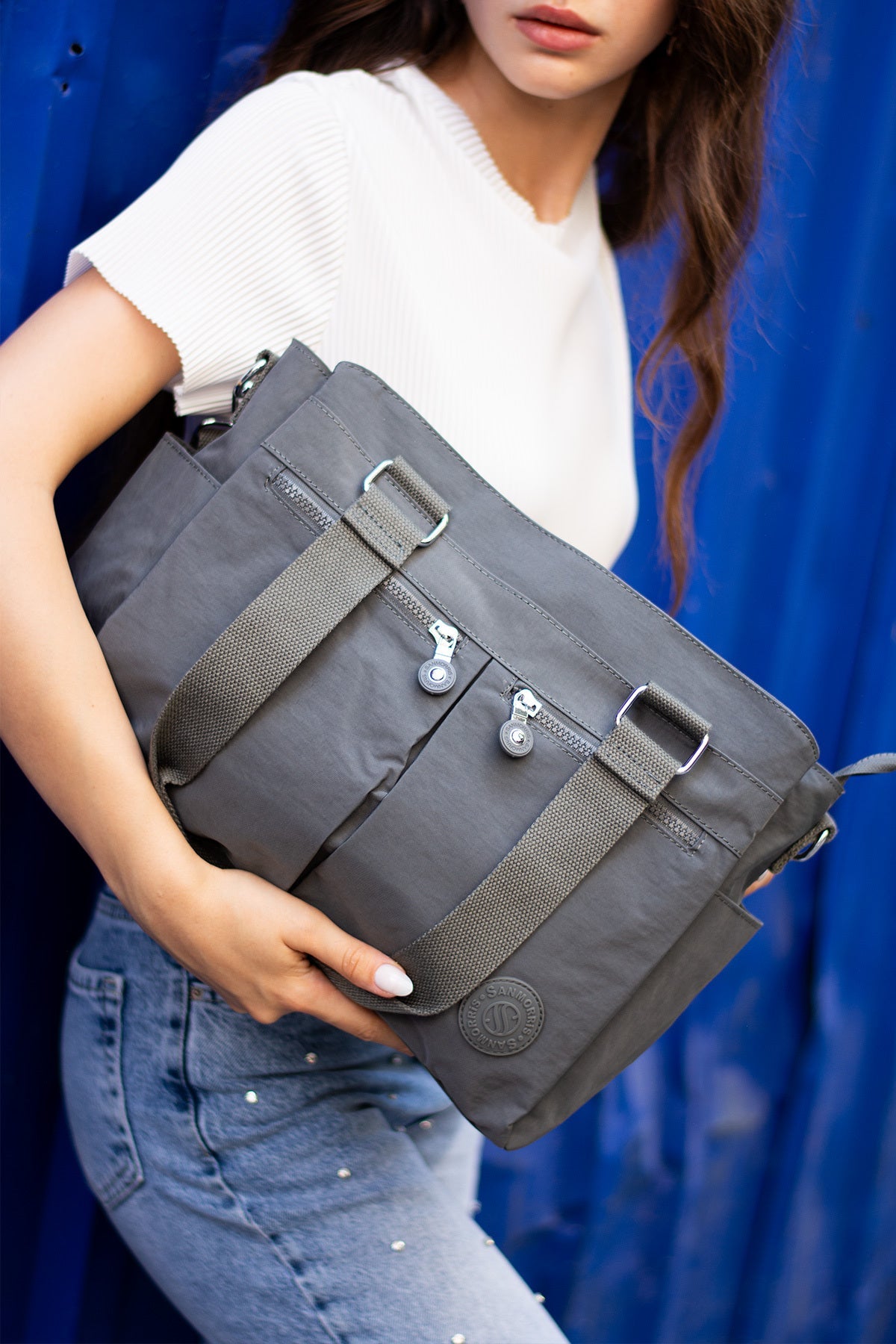 Kadın Büyük Boy Bölmeli Suya Dayanıklı Krinkıl Kumaş Çapraz Ve Omuz Askılı Koyu Gri Renkli Çanta - Kurtuluş Çanta